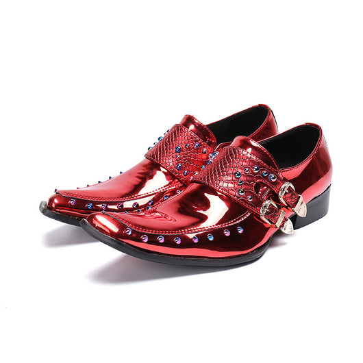 Zapatos de Cuero Ejecutivos Coreanos Hombre Punta Aguda Charol Grabado Vino Tinto - Image 8