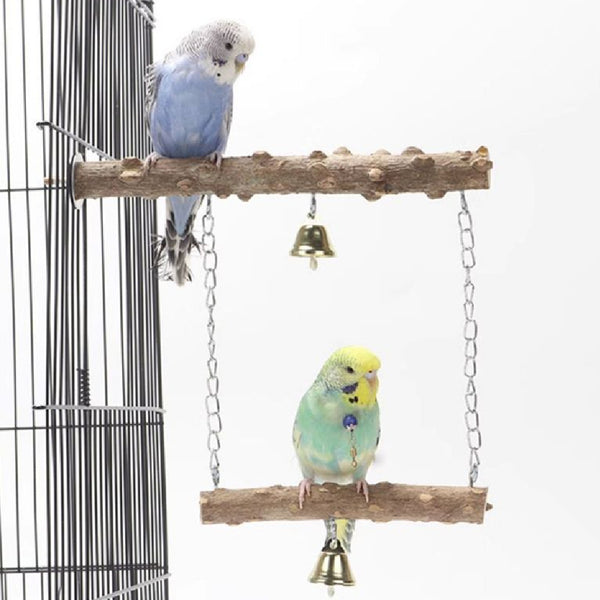 Colorful parrot swing toy with a natural wood perch, an arch of multicolored beads, and two small bells.