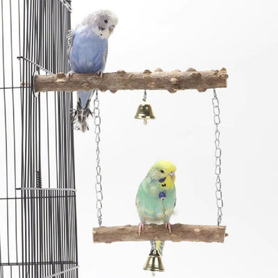 Colorful parrot swing toy with a natural wood perch, an arch of multicolored beads, and two small bells.