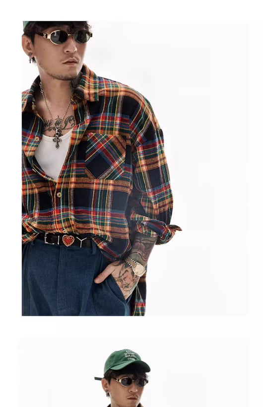 Camisa Retro Americana a Cuadros con Bloques de Color - Image 19