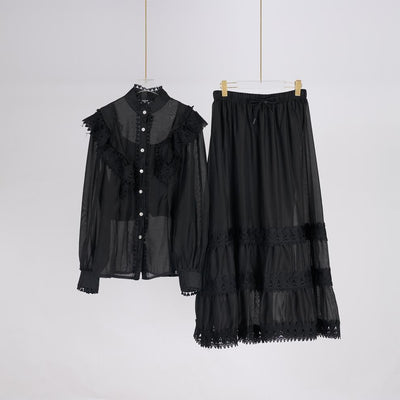 Conjunto de Blusa Manga Larga con Borde Lotus y Falda Midi Cintura Elástica - Image 16