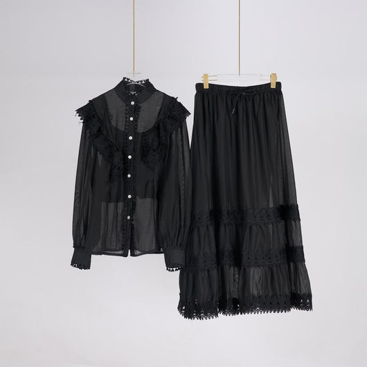 Conjunto de Blusa Manga Larga con Borde Lotus y Falda Midi Cintura Elástica - Image 16
