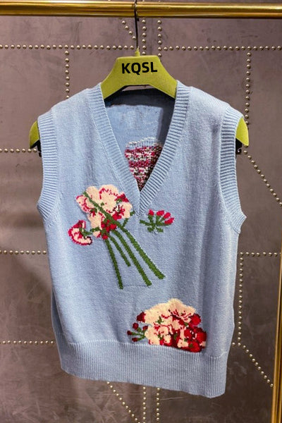 Chaleco Tejido Retro con Intarsia Floral y Cuello en V - Image 5