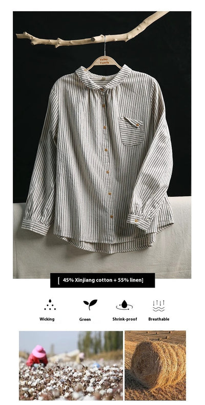 Blusa Retro de Lino y Algodón a Rayas con Diseño Artístico - Image 12
