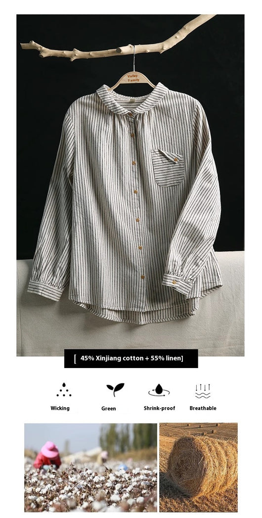 Blusa Retro de Lino y Algodón a Rayas con Diseño Artístico - Image 12