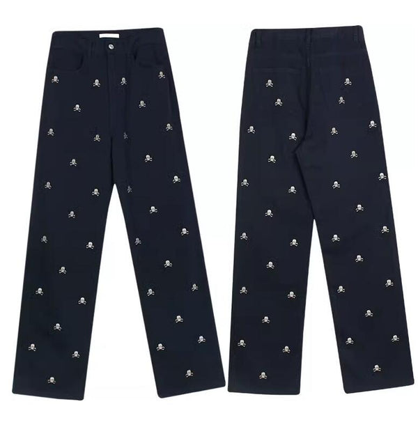 Pantalones Rectos Holgados Tibetanos con Estampado Calavera Azul