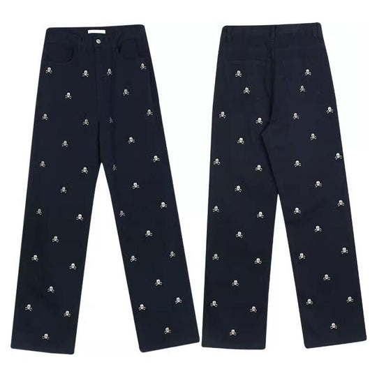 Pantalones Rectos Holgados Tibetanos con Estampado Calavera Azul - Image 2