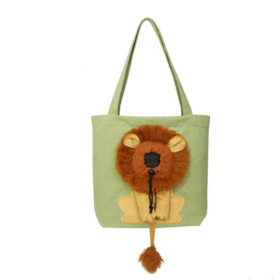 Grey soft pet carrier with a lion design, featuring a plush mane, ears, paws, and tail, and a drawstring opening. - Image 8