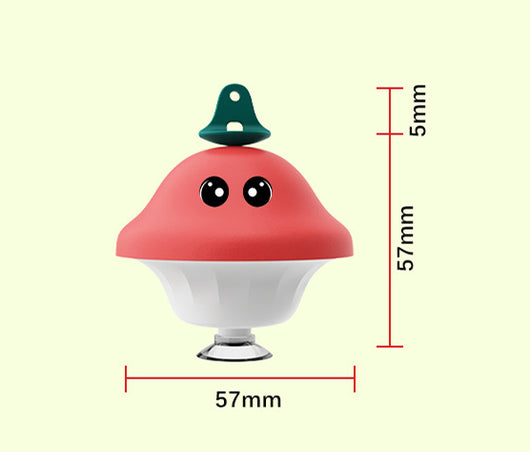 Red and white mushroom-shaped cat toy with cartoon eyes, a green loop, and a suction cup base, showing dimensions. - Image 2
