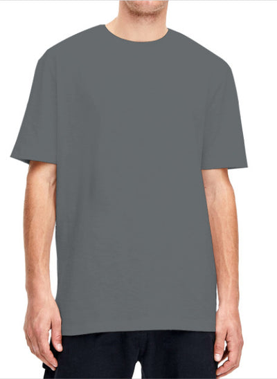 Plain light beige short-sleeved crew neck t-shirt made of cotton, shown on a model. - Image 26