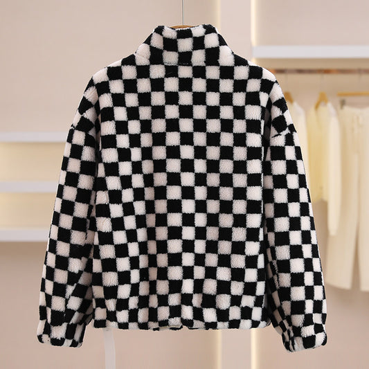 Chaqueta Polar Corta con Cuello Alto y Cierre de Cremallera - Diseño Cuadriculado en Lana - Image 2
