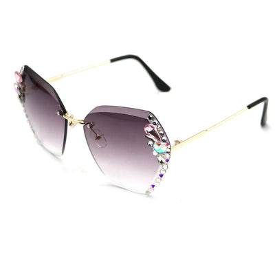 Women's frameless sunglasses with brown gradient lenses and colorful rhinestone embellishments on gold metal temples. - Image 3