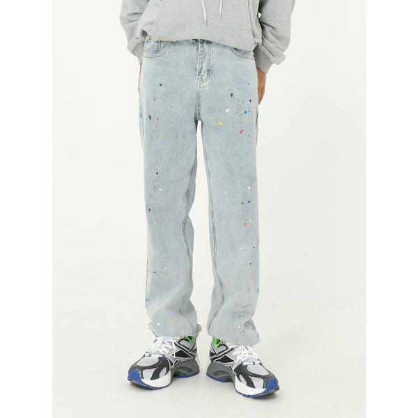 Jeans Rectos Sueltos con Efecto Paint Splash Azul