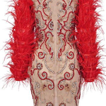 Vestido Largo de Manga Larga Rojo con Malla y Cristales - Image 5