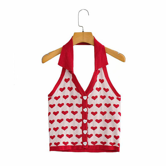 Blusa Halter Corta con Jacquard de Corazones - Image 6