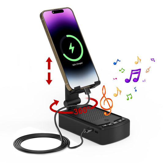 Soporte Plegable para Teléfono con Parlante Inalámbrico, Power Bank y Carga Rápida