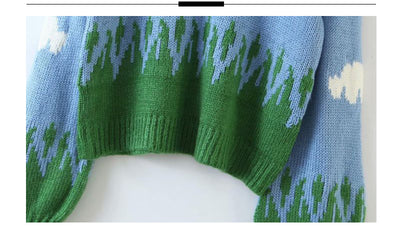 Suéter Tejido Manga Larga Cuello Redondo Estampado Nubes Cielo - Image 13