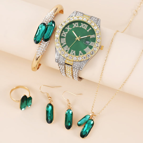 Conjunto de Accesorios en Acero Verde: Reloj, Anillo, Collar y Aretes de Cuarzo