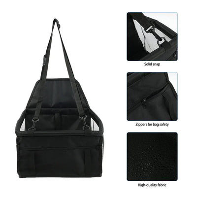 Light grey pet car booster seat with black mesh sides and adjustable straps, installed on a black and red car seat. - Image 30