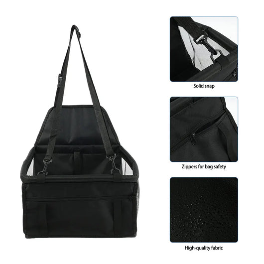 Light grey pet car booster seat with black mesh sides and adjustable straps, installed on a black and red car seat. - Image 30