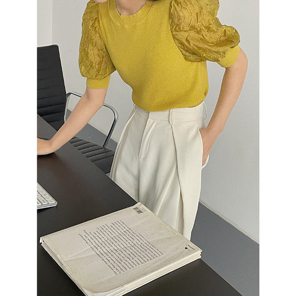 Blusa de Punto con Cuello Redondo y Mangas Abullonadas