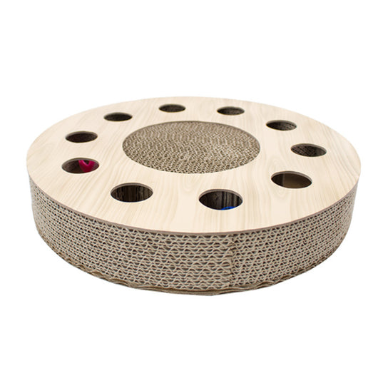 Round corrugated cardboard cat scratcher with a central scratching pad and multiple holes containing colorful balls. - Image 5