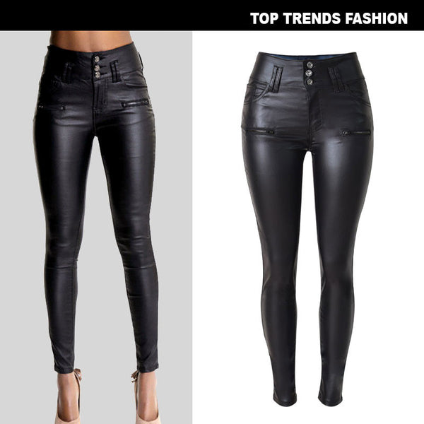 Pantalones Skinny de Cuero Talle Alto con 3 Botones