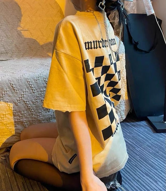 Camiseta Oversize Retro Cuadros Estilo Americano para Mujer - Image 3