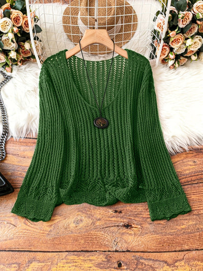 Suéter Calado Talla Grande para Mujer - Manga Larga Tejida Cuello V - Image 12