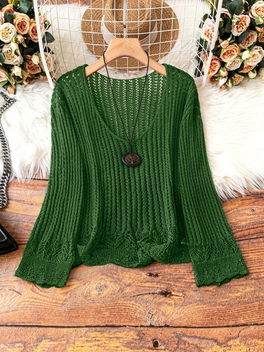 Suéter Calado Talla Grande para Mujer - Manga Larga Tejida Cuello V - Image 12