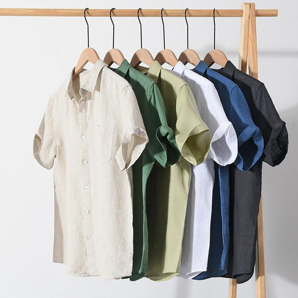 Camisa de Lino Puro para Hombre - Manga Corta Verano