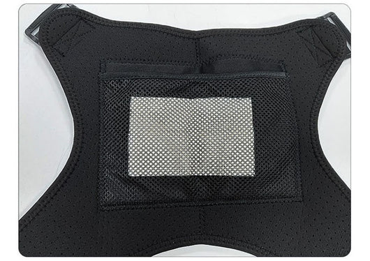 Man wearing a black electric heating shoulder pad with adjustable straps for therapeutic warmth and support. - Image 9