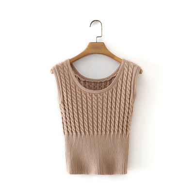 Chaleco Tejido Retro Cuello Redondo Cintura Anudada sin Mangas - Image 3