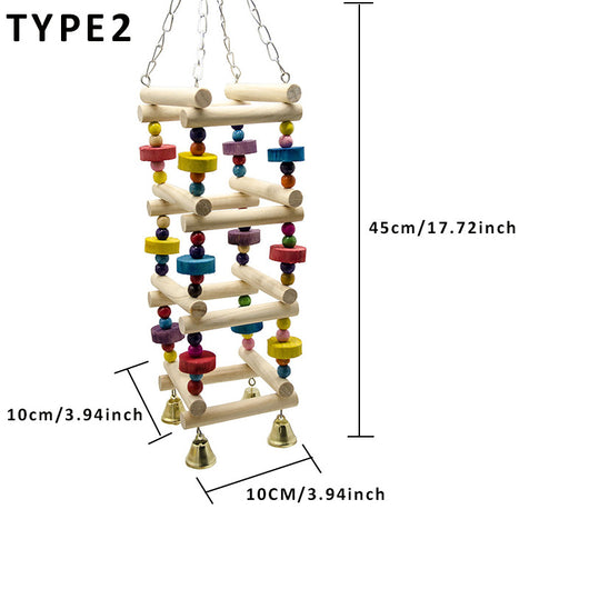 Colorful wooden bird toy with ladder-style perches, round beads, and bells, designed for parrots and parakeets. - Image 5