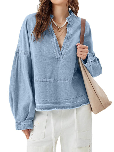 Blusa Denim Holgada de Cuello V y Manga Larga Versátil - Image 28