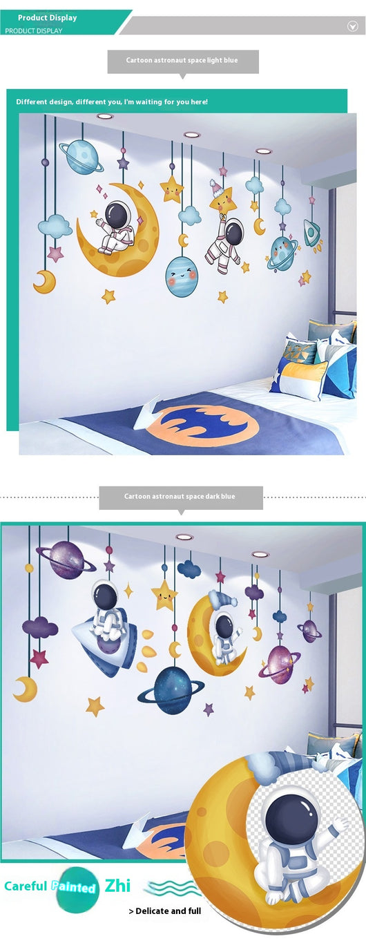 Cartoon astronaut and space station wall stickers with planets, stars, moon, and telescope on a white wall. - Image 14