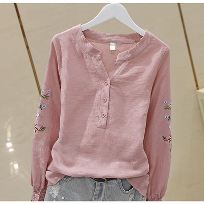 Blusa de Algodón con Escote V y Bordado Plisado Manga Larga - Image 11