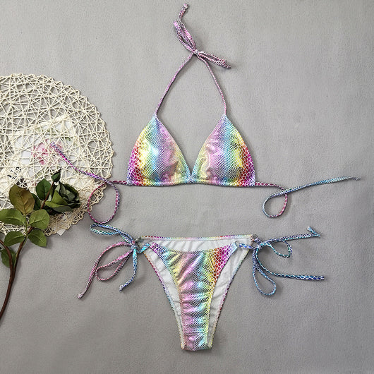 Gradient snakeskin print bikini with iridescent colors, triangle top, and tie-side bottoms. - Image 6