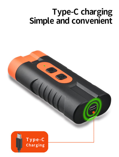 Black and orange handheld ultrasonic dog repellent with two sound emitters and two control buttons. - Image 14