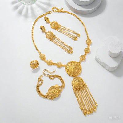 Gold butterfly jewelry set with filigree design, including a necklace, tassel earrings, bracelet, and ring. - Image 3