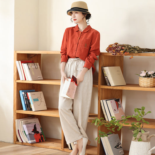 Camisa de Lino y Algodón para Mujer con Solapa Clásica - Image 2