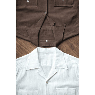 Camisa Retro Seersucker de Color Sólido con Cuello Cubano Británico - Image 6