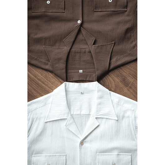 Camisa Retro Seersucker de Color Sólido con Cuello Cubano Británico - Image 6
