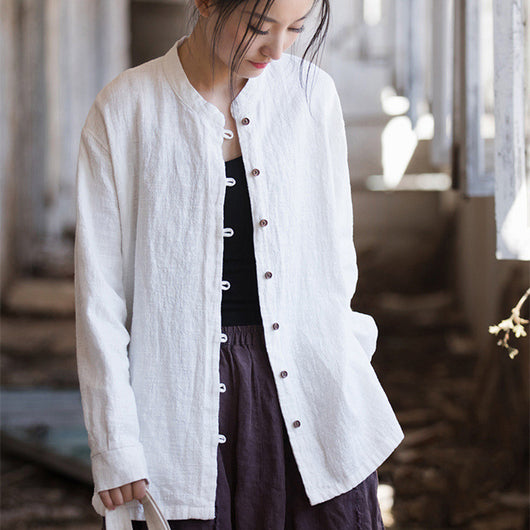 Camisa de Lino y Algodón Efecto Piedra con Cuello de Pie Manga Larga Artística - Image 8