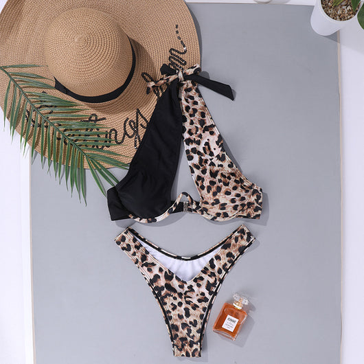 Traje de Baño Estampado Leopardo Sexy Espalda Descubierta Cuello Halter - Image 12