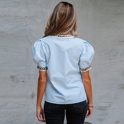 Blusa de Gasa con Cuello V y Mangas Abullonadas - Image 4