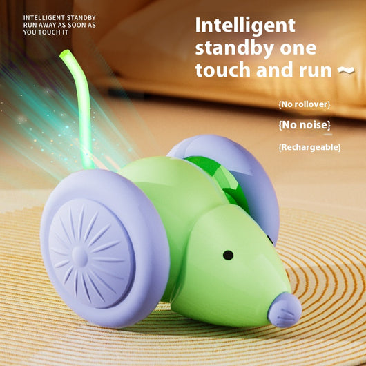 Green and purple electric mouse car cat toy with a glowing tail on a woven mat, designed for interactive play. - Image 7
