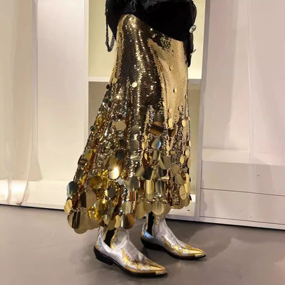 Falda de Fiesta Talla Grande con Lentejuelas Brillantes - Colección Primavera Gongda