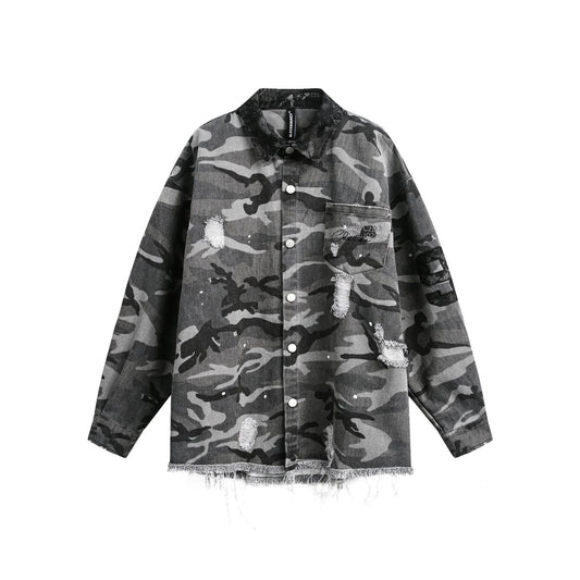 Camisa de Manga Larga Estilo Retro Americano con Diseño Camuflado Desgastado