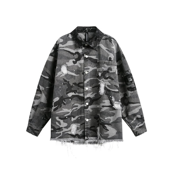 Camisa de Manga Larga Estilo Retro Americano con Diseño Camuflado Desgastado